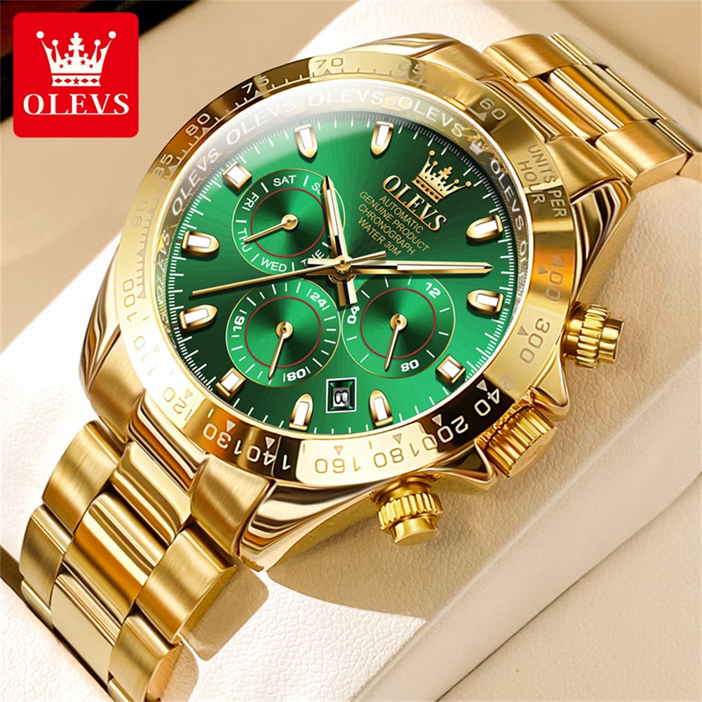 OLEVS 6638 TOP automatisch mechanisch horloge voor heren Multifunctionele chronograaf datum waterdicht luxe origineel horloge heren: green