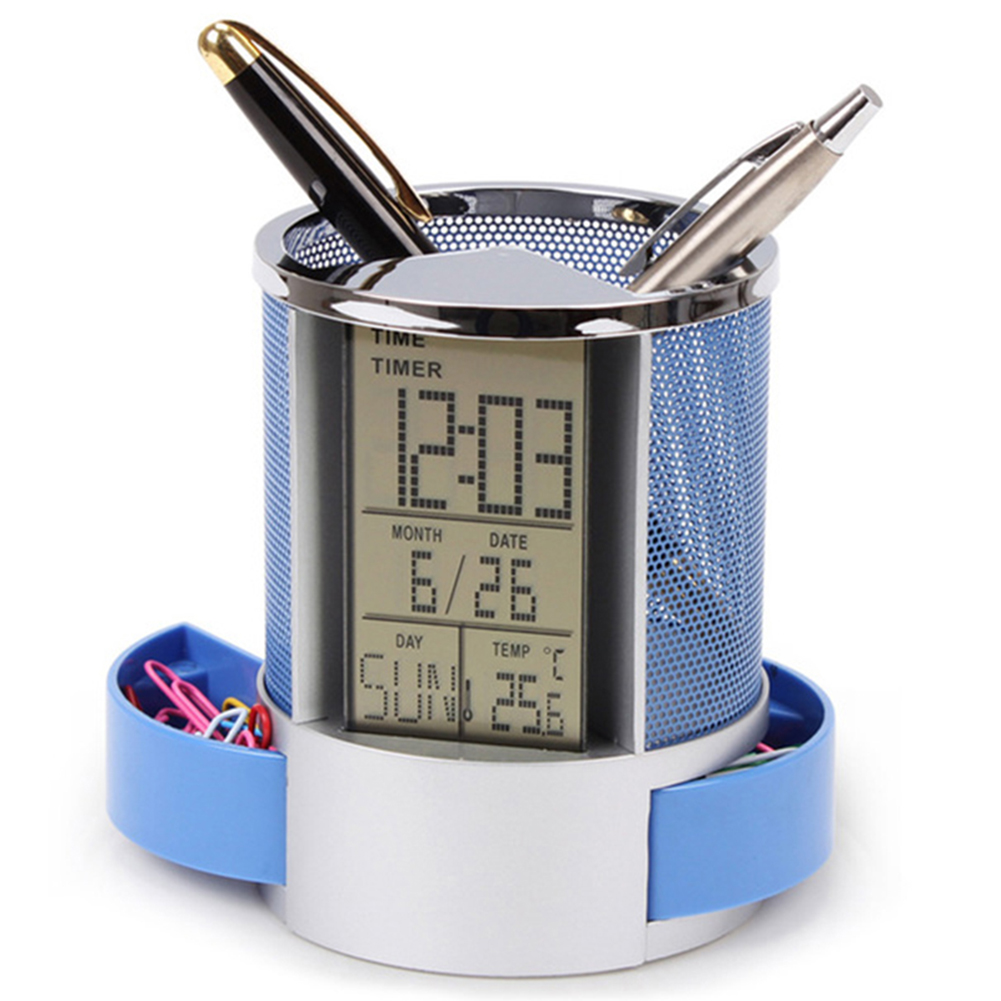 Dauerhafte Büro schule lagerung Büro LCD Wecker Zeit Temperatur Anzeige Hohl Zylinder Stift Bleistift Halfter Schreibtisch Veranstalter