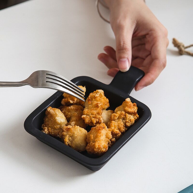 Ceramic Single Handle Seasoning Dish Plate Square Mini Baking Tray Dessert Dish Breakfast Steak Salad Plate Kitchen Tableware