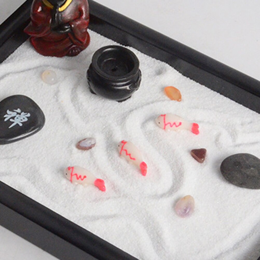 Rød lille munk bordplade meditation zen haven kontor desktop mini rock zen have med river træ dekorativt sandbakke (sort)