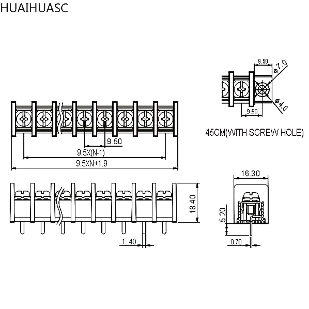 2pcs Black 9.5mm Pitch 6 Pin Barrier Terminal Block Connector With Screw Hole 300V 25A