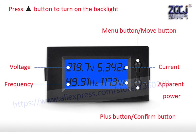 LCD display AC 190-450V, AC 0-100A ampere , voltage ,frequency, apparent power meter A V Hz VA moniter