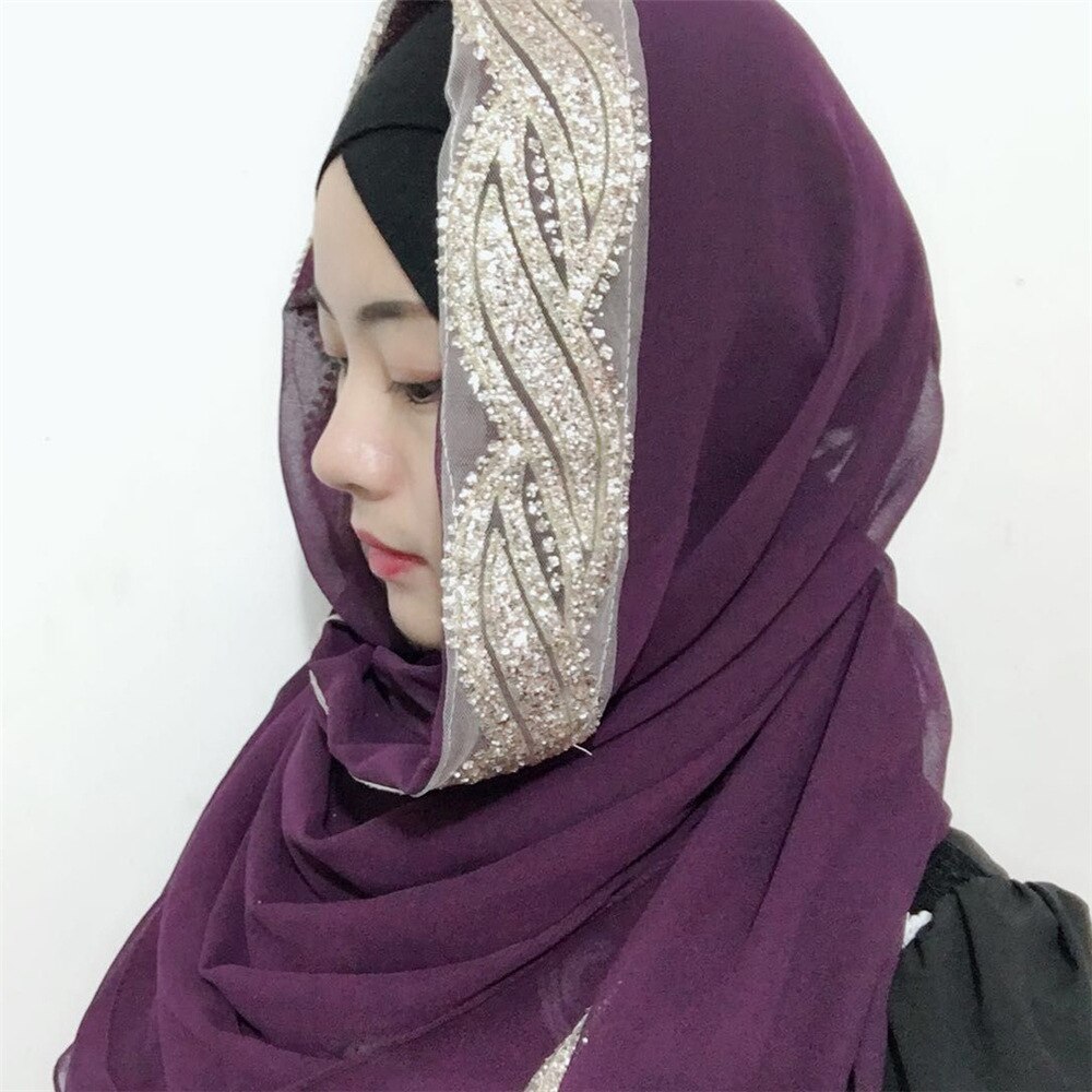 Fblus clurs dubai rejse skinnende tørklæde moske tørklæde dame chiffion farveblok hijab tørklæde sjal: Marine blå