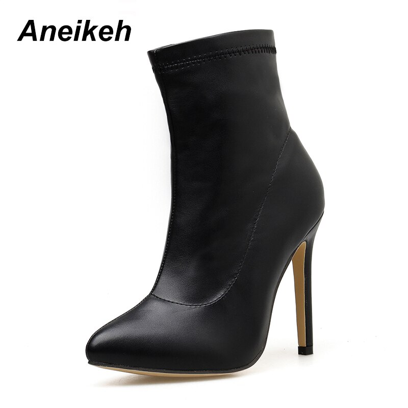 Aneikeh vår/höst pu lack chelsea ankelboots spetsig tå damstövlar tunna klackar partystorlek 41 42