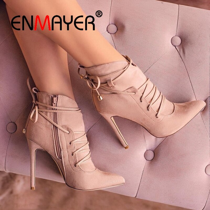 ENMAYER High Heels Pointed Toe Cross-Tied Boots Woman Shoes Autumn INS Botas Mujer Thin Heels Lace Up Women Boots