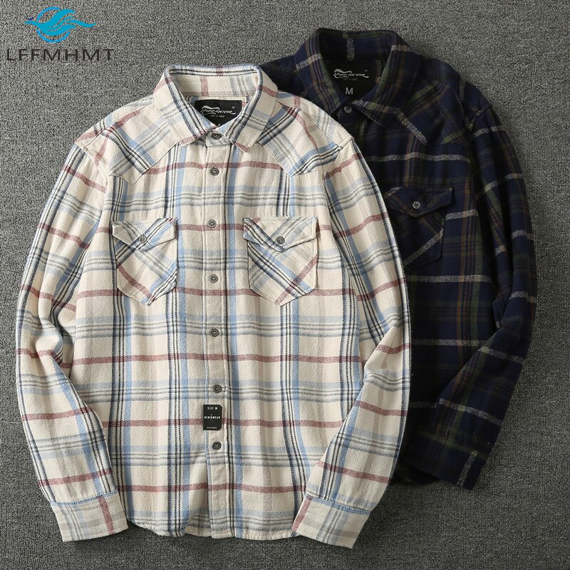 Wiosna moda męska w stylu klasyczny z długim rękawem koszula flanelowa w kratę japońska modna wysokiej jakości zapinana na co dzień ładunek topy męskie tkaniny