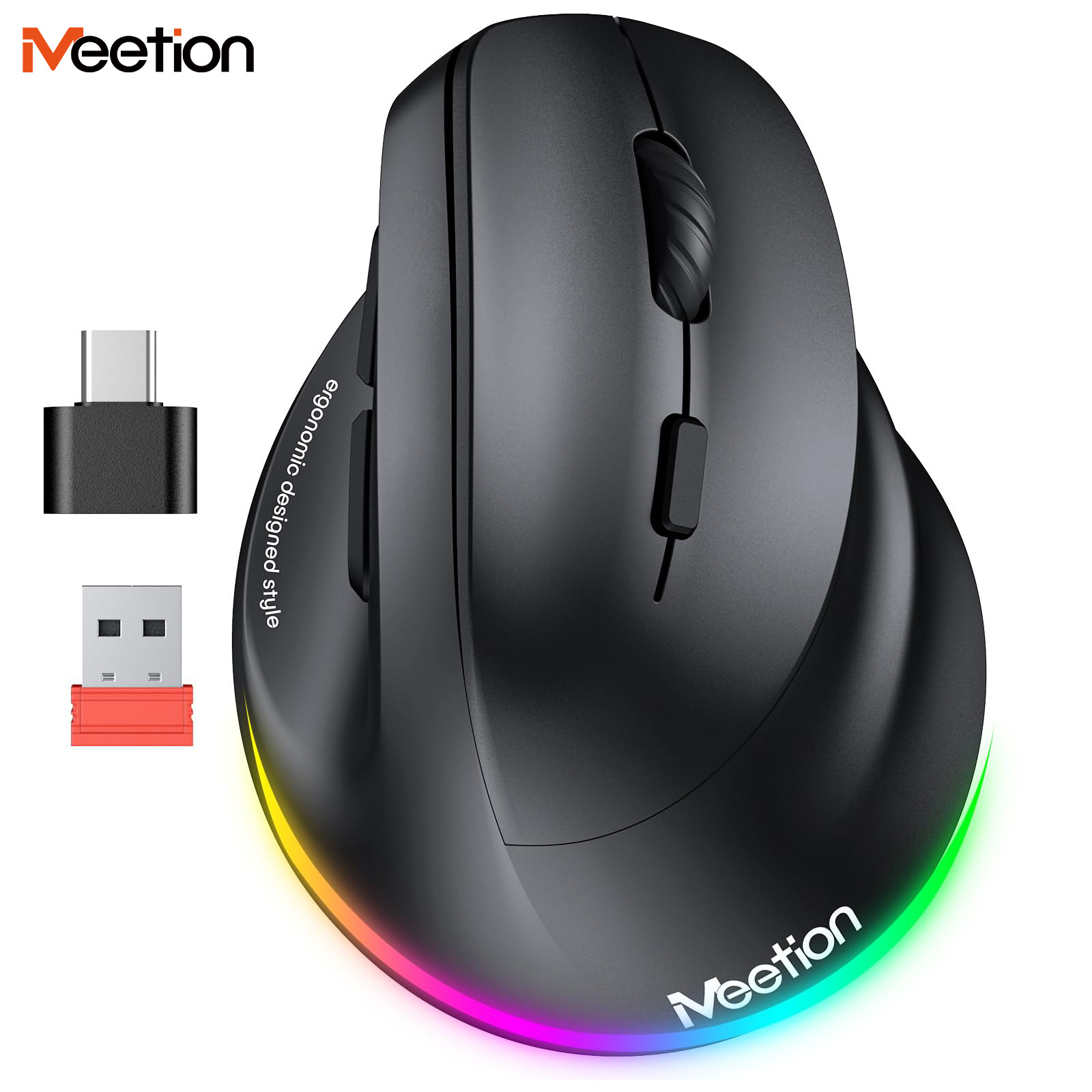 Meetion Mishen Left-Handed Ergonomic Vertical Wireless Mouse Black Light Version Rechargeable Btm010 DPI 2400