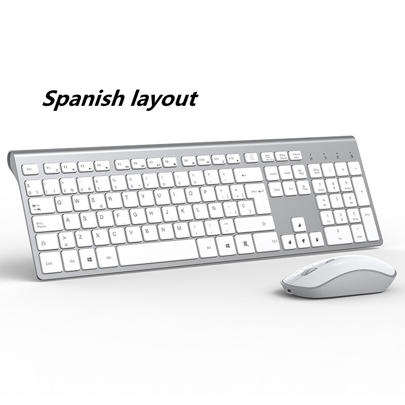Bezprzewodowa klawiatura i mysz połączenie, 2.4 Gigahertz stabilne połączenie akumulator, UK/francja/niemcy/hiszpania/US układ: Spain-Silver white