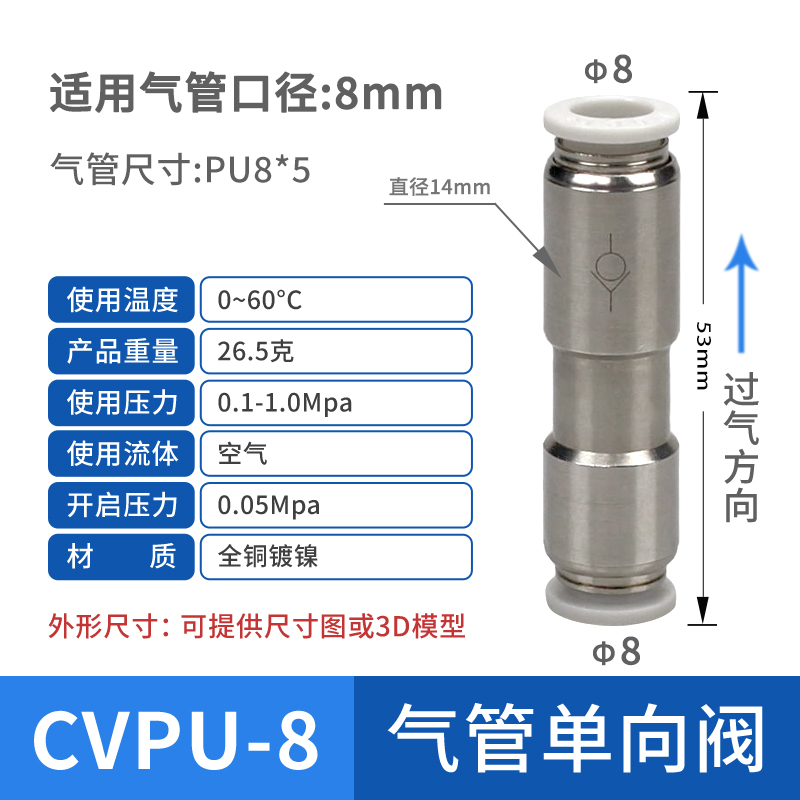CVPU-4mm 6mm 8mm 10mm 12mm PCVU Pneumatische Push To Connect Fitting Terugslagklep Gemaakt van geheel van metaal: Black