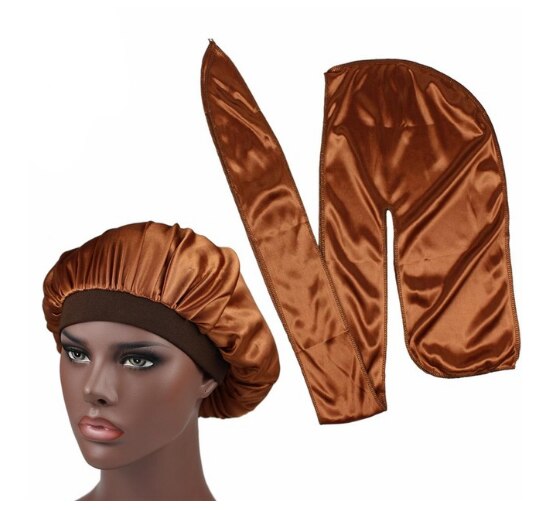 Heren zijden durag match zijden muts voor vrouwen dezelfde kleur zijden durag bandana's voor mannen lange staart durags golfmuts slaapmuts: Bruin