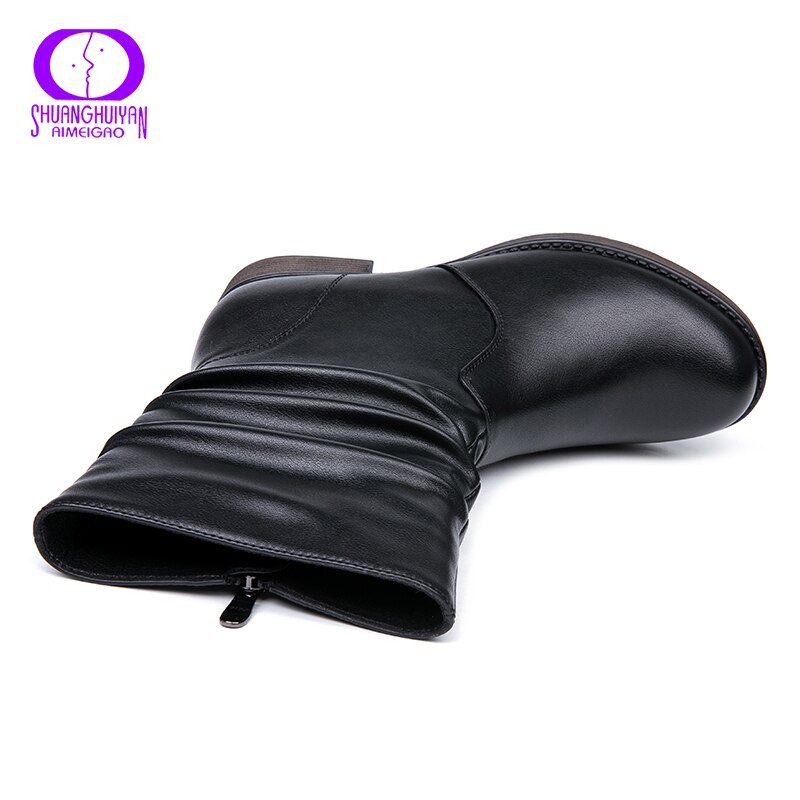 AIMEIGAO-Botas plisadas clásicas de lana para mujer, zapatos de cuero suave con cremallera, protección de trabajo ligera, impermeables, para invierno