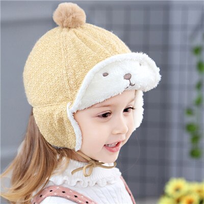 Gorro de invierno encantador de oso para niños y niñas, gorros de punto para niños, gorros de bombardero con forro polar para niños de 3 a 6 años: Amarillo