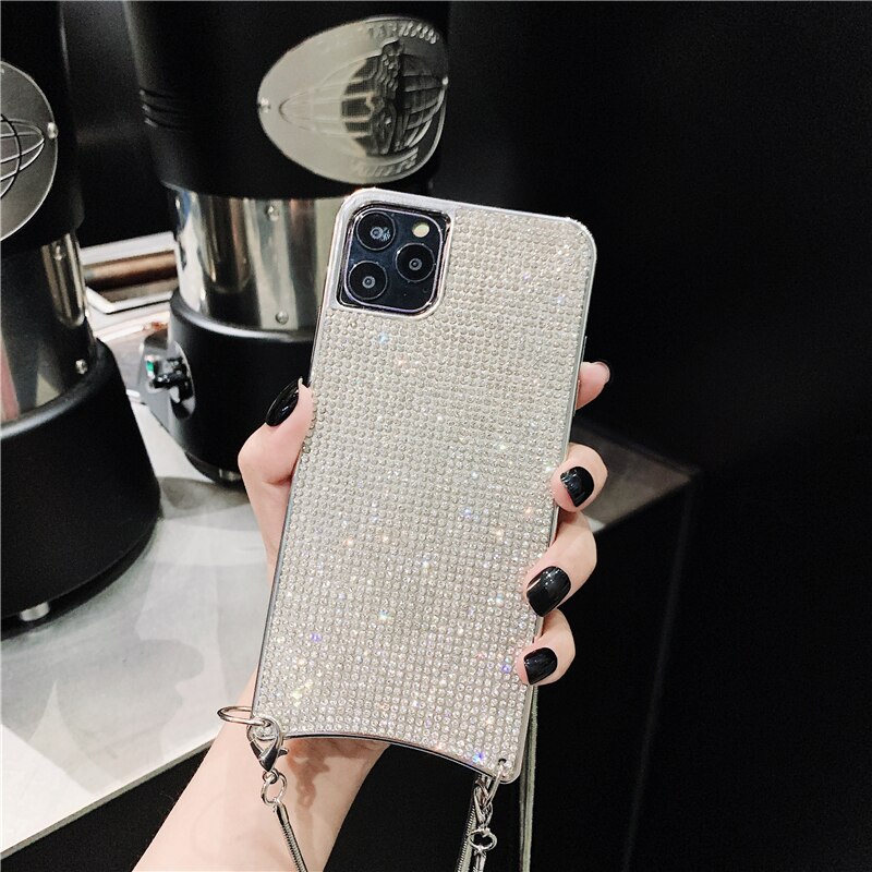 Custodia a tracolla con diamante pieno Bling a catena per iPhone 13 12 11 Pro Max XR Xs 7 Plus 8 6 6S XS SE2 borsa morbida con strass