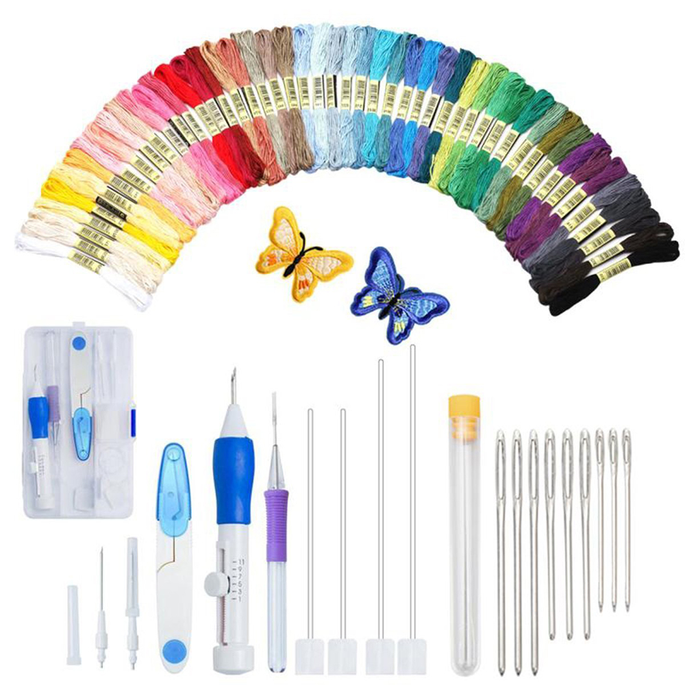 Embroidery Starter Kit Full Set-Magic Embroidery Pen Punch Needle,Hoops,Threads,Stitching Punch Pen Set Craft Tool for Beginner