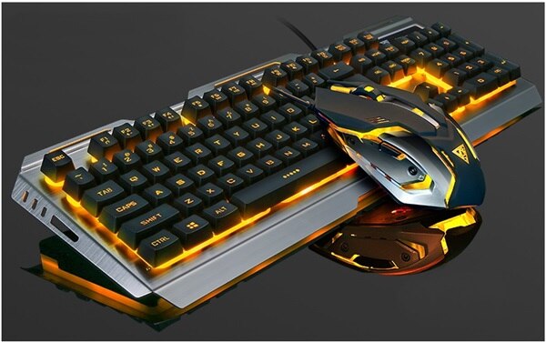 Wrangler V1 Suspended Keycap USB Wired Ergonomic Backlit Gaming Keyboard and Mouse Set ,Mechanical Feel,Aluminium Alloy Panel: Black Orange Backlit