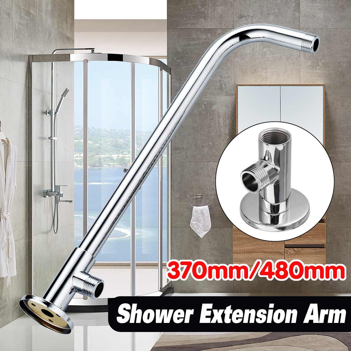 480mm 370mm Wall Mounted Shower Head Extension Arm Bottom Entry Hose Shower Extension Arm Fitting Mount Base for Home Bathroom