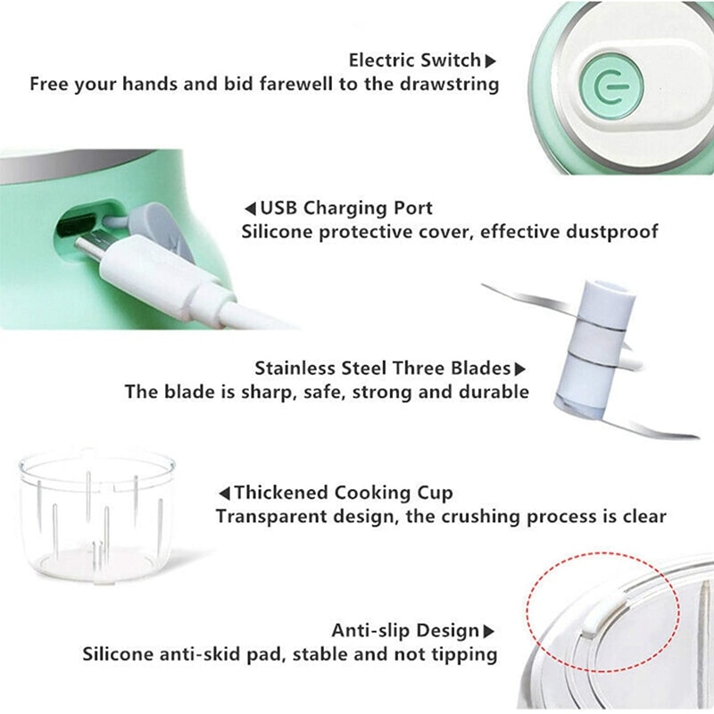 Electric Garlic Chopper, Portable Mini Fruit Vegetable Cutter Chili Onion Mincer Food Processor for Kitchen