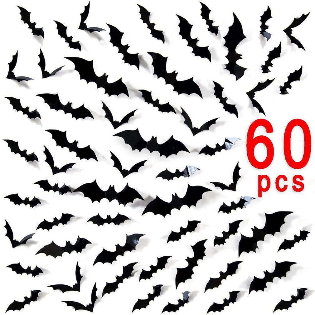 60 pièces Halloween 3D Fournitures De Fête Décor De Fenêtre En Plastique Effrayant Décoration Autocollants Terreur Chauve-Souris Stickers Muraux