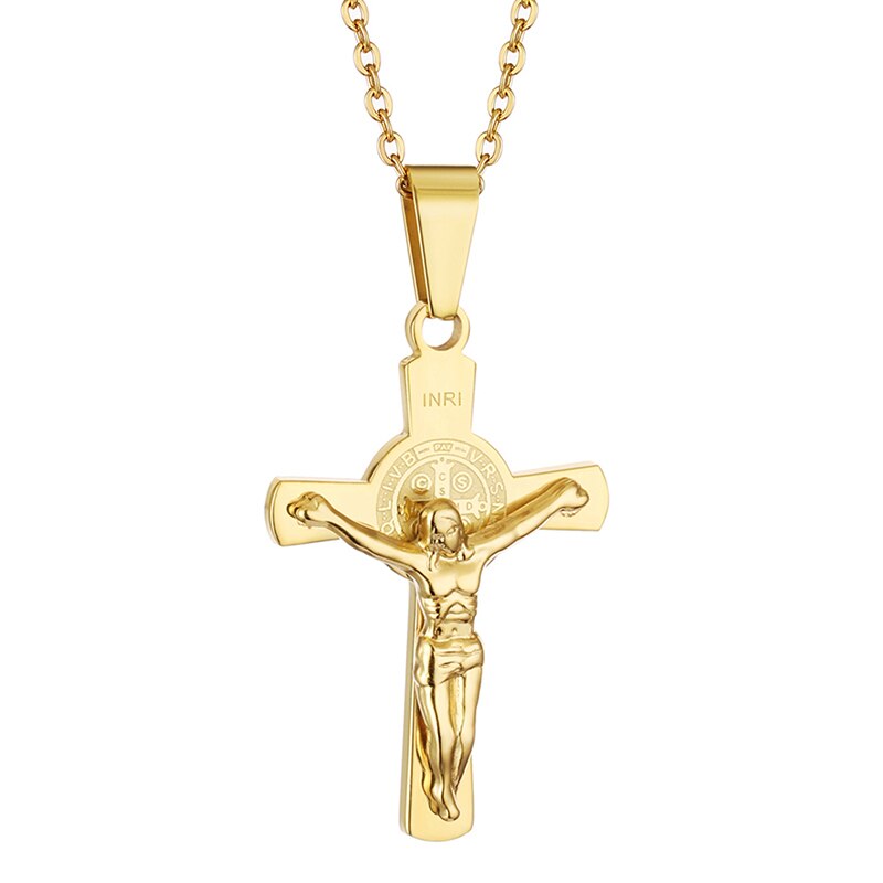 Vintage croix INRI jésus croix Crucifix pendentif et colliers hommes Christian lien chaîne bijoux de or argent couleur collier: Gold Color