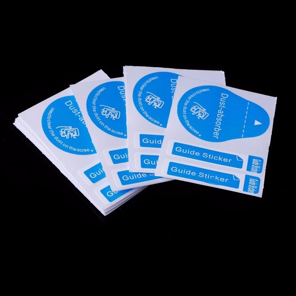 50 Stuks Blauw Stofverwijdering Telefoon Scherm Schoonmaken Tool Alle Mobiele Telefoons 3 In 1 Dust-Absorber + Gids sticker Clear Stof Op Scherm