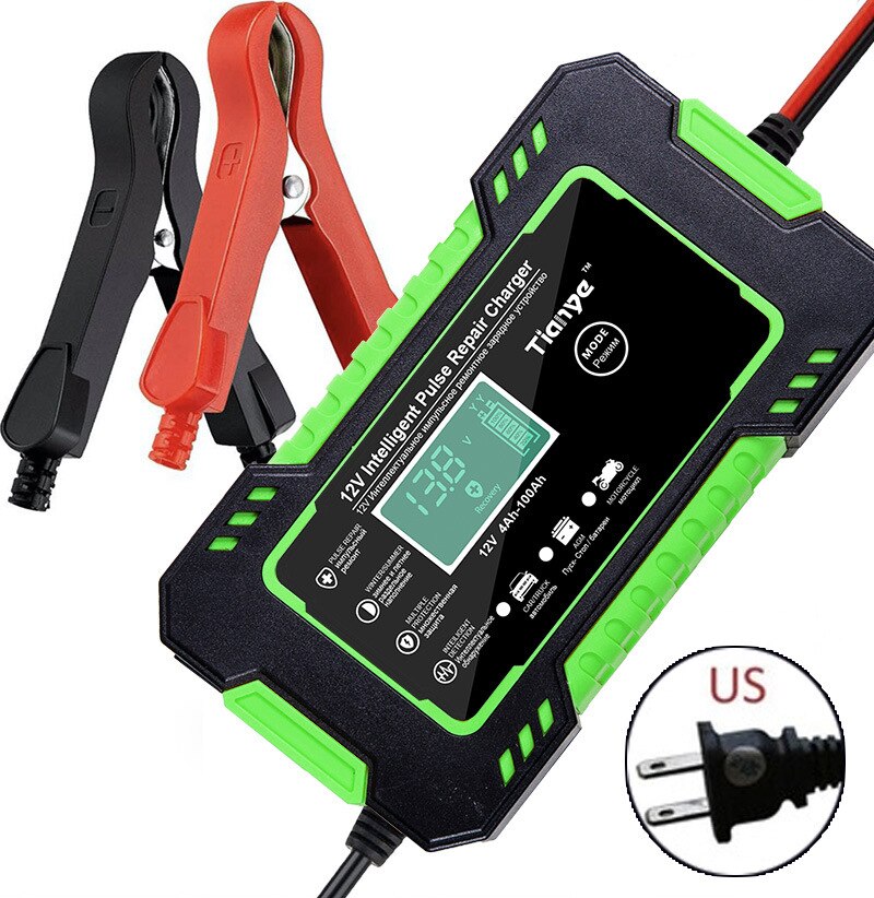 Auto Acculader 12V 6A Intelligent Snel Opladen Puls Reparatie Type Full Auto-Stop Dual-Mode Loodzuur voor Motorfiets: Green US Plug