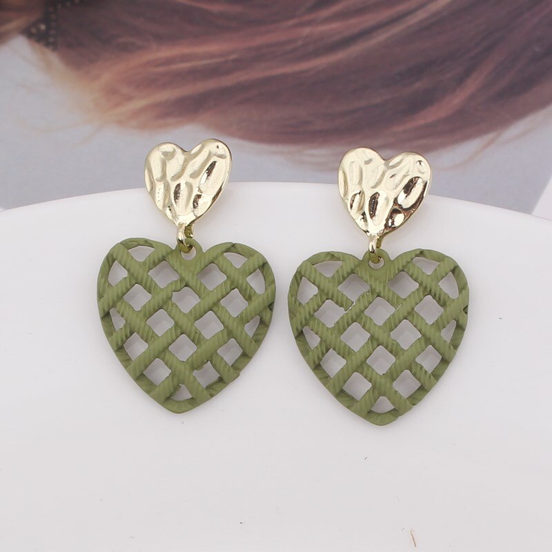 Korean Style Grid Hollow Heart Earrings for Women Print Metal Heart Wedding Party Jewelry Girl Boucles d'oreilles: EK3614