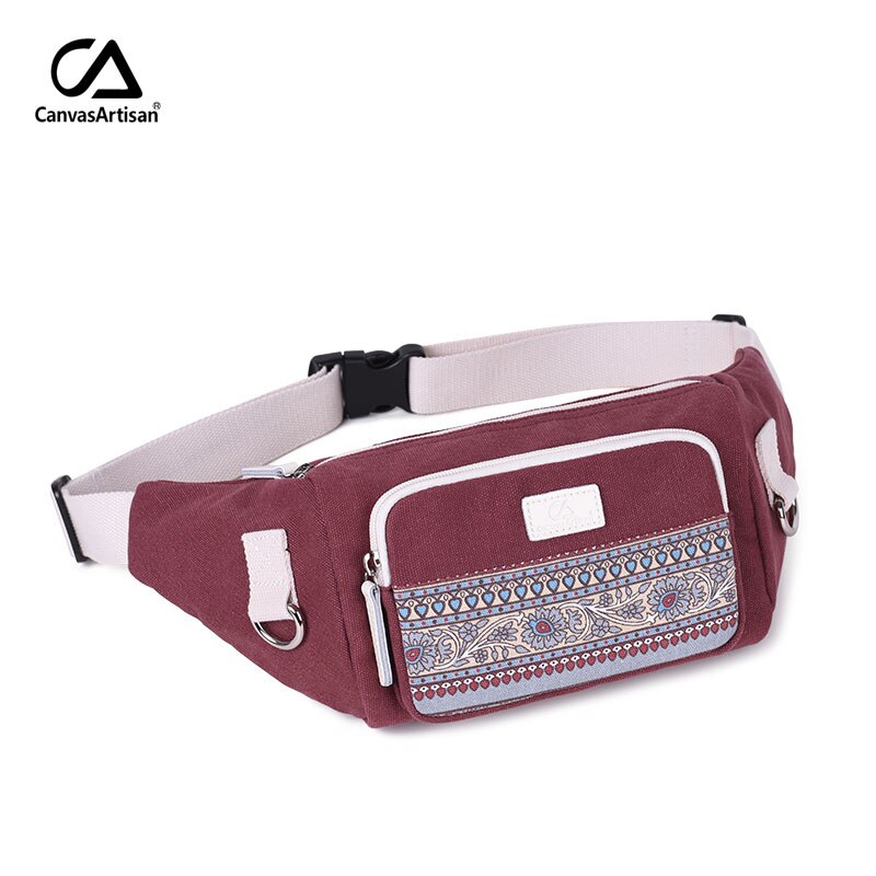 Canvasartisan Women's Waist Pack Canvas bags Multi-functional Waist Bag Floral Retro Style Leisure Travaling Bag: WINE RED