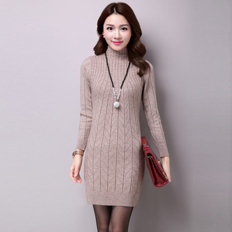 UPPIN Autumn Winter Middle-aged Women Long Paragraph Wool Bottoming Shirt Wild Warm Slim Package Sweater Dress Female: Camel / XL