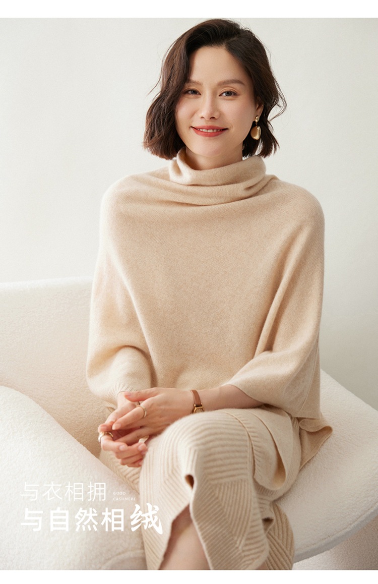 100% Merino Wool Knitted Shawl Cape Knitted Soft Warm Wollen Irregular Cloak Batwing Sleeve Loose Turtleneck Pullover Pashmina