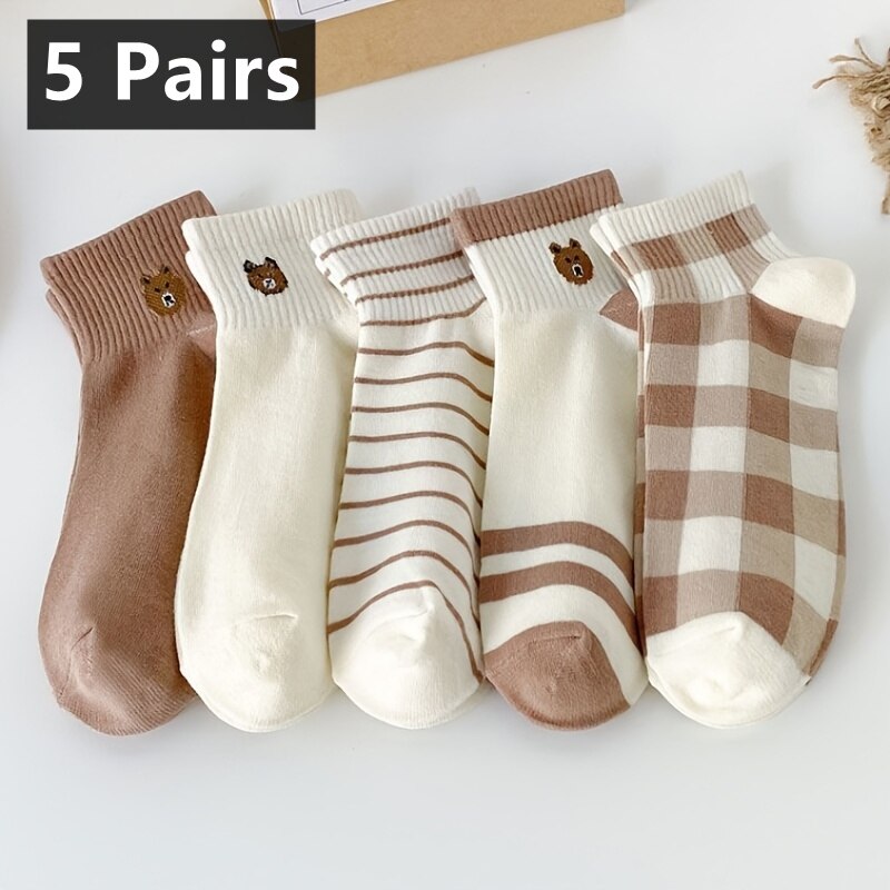 5 pares de calcetines al tobillo de oso de peluche, cómodos y bonitos calcetines cortos para mujer
