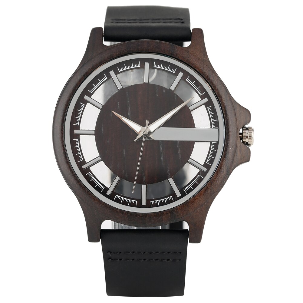 Ebony wood ur herre gennemsigtig hul urskive træure analogt ur vintage quartz armbåndsur reloj de madera: Sort