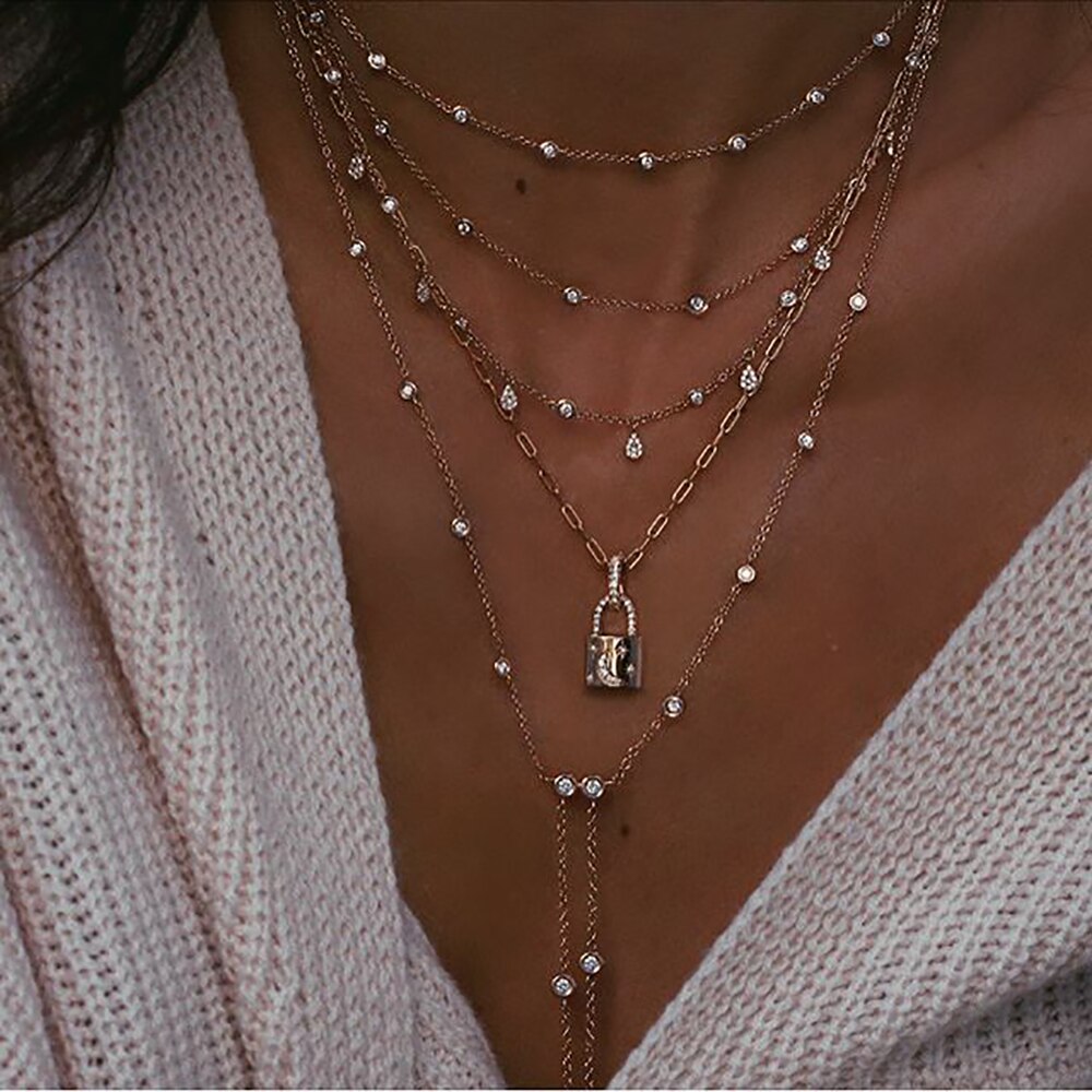 Vintage Crystal Geometry Star Moon Lock Necklace For Women Boho Multi-level Pendants Necklaces Chokers Jewelry: NE-0458-5