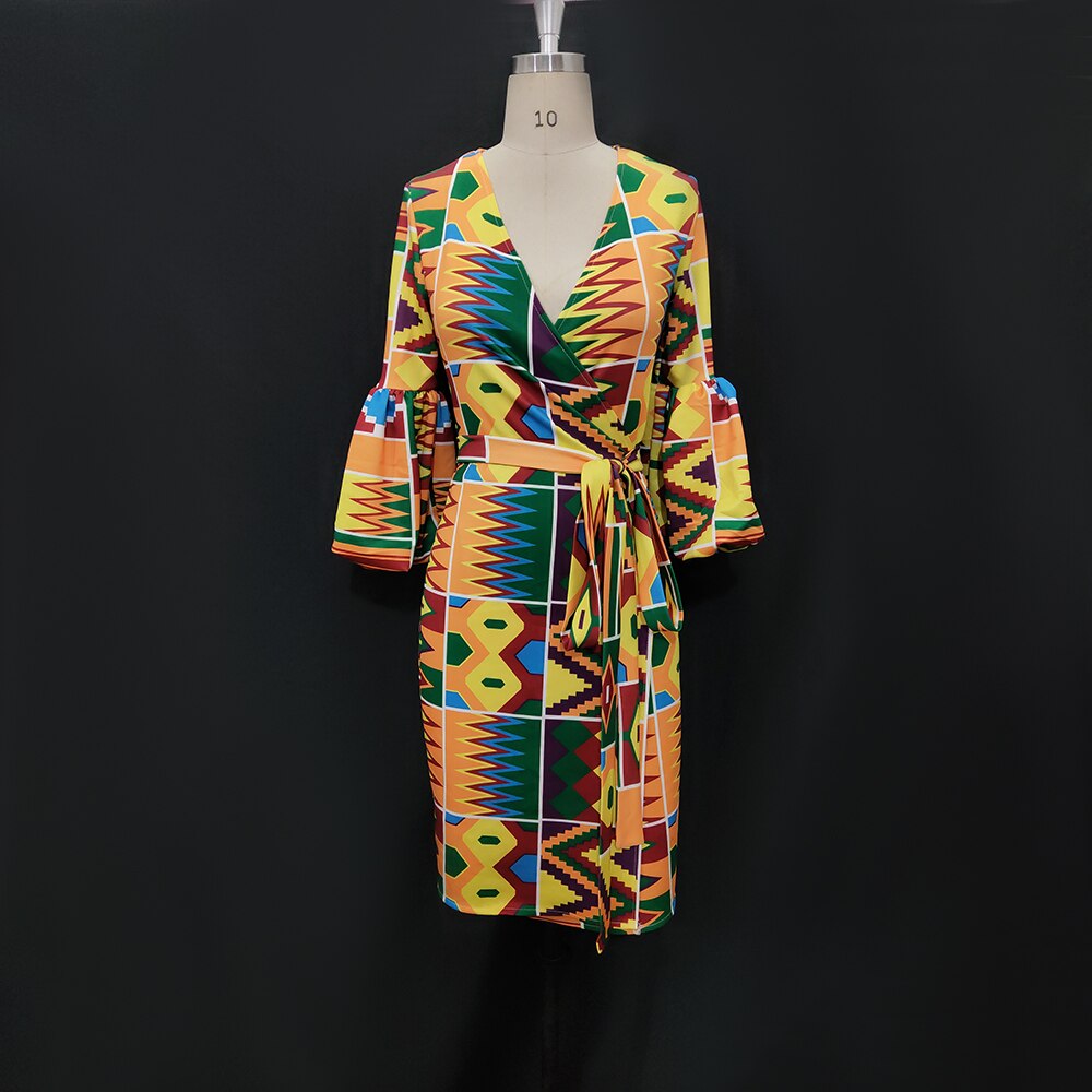 Robe africaine femmes col en V manches bouffantes moulante genou longueur Robes automne imprimé Robes de grande taille avec ceinture