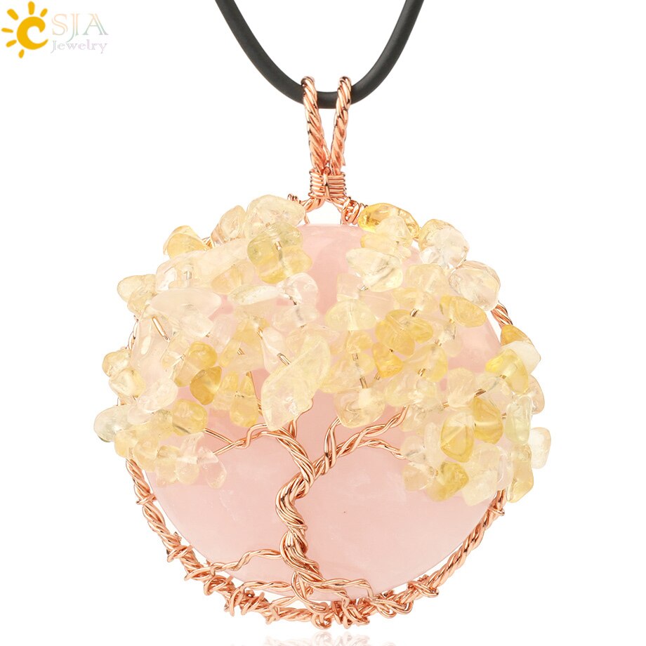 CSJA Natural Cabochon Stone Tree of Life Pendant Rose Gold Color Wire Wrap Chip Bead Wisdom Tree Healing Women Men Necklace G193: Rose Quartz Chain