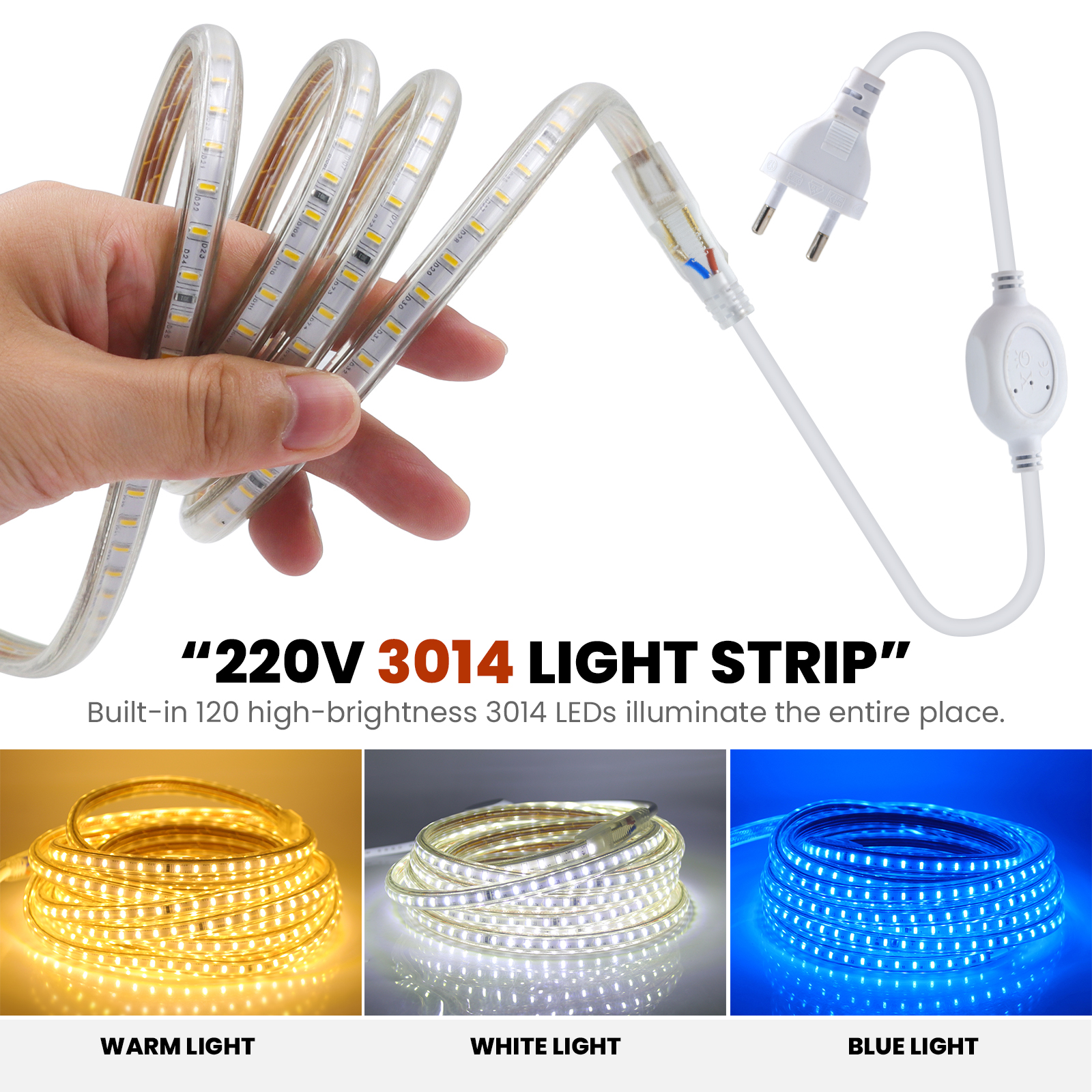 Tira de luces led de 220V, 3014 SMD, 120led/m, cinta de luz flexible impermeable, Blanco cálido, 1m, 5m, 10m, 20m, 25m, 50m, 100m, enchufe de alimentación