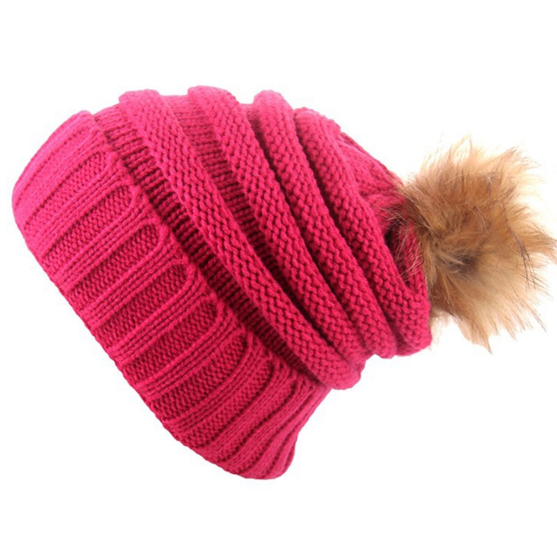 Winter Warm Female Fur hat Spring Hat For Women Girl 's Hat Knitted Beanies Cap Hat Thick Women Skullies Beanies: 08 Rose red