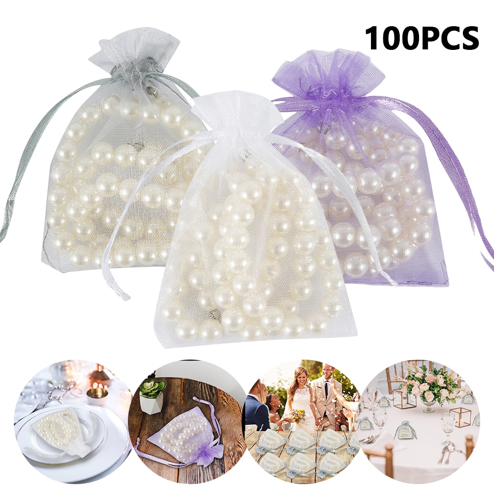 100 stücke 7x9cm Party Dekorationen ziehbar Organza Süssigkeit Taschen Schmuck Beutel Hochzeit Favor transparent Weiß Geburtstag
