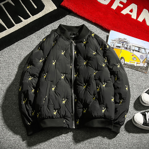 Japansk jakke menn vinter parka hjort broderi termisk hip hop jakker for menn store szie merke baseball krage kåpe: Svart / L