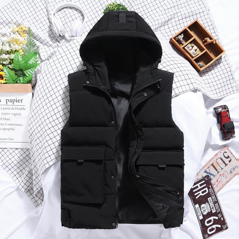 Men's Vest Large Size Winter Sleeveless Jacket Coat 2022 Casual Thick Warm Cotton Padded Down Big Sizes Hooded Waistcoat Male