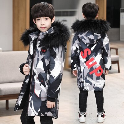 5-15 ans veste d'hiver pour garçon Camouflage doudoune avec fermeture éclair garçons fourrure vêtements d'extérieur à capuche enfants Long manteau TZ530: White / 5T