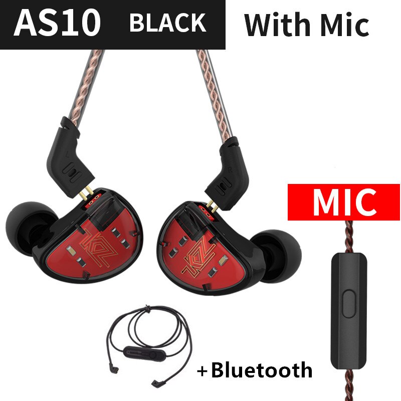 Kz AS10 Cyaan 5BA Balanced Armature Driver Hifi Bass In Oortelefoon Monitor Game Headset Noise Cancelling Oordopjes: BlackMicBluetooth