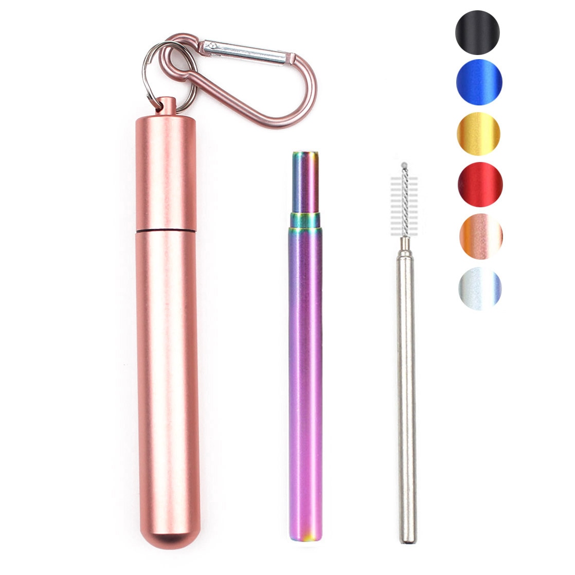 Reusable Stainless Steel Straws with Aluminum Keychain Case Cleaning Brush Collapsible Telescopic Portable Drinking Straws