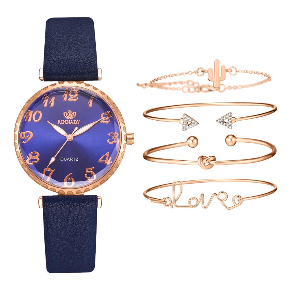 Montre Dame Lederen Band Quartz Horloge Mode Vrouwen Armband Armband Horloge Vijf Delige Set Persoonlijkheid Dameshorloge: blue set