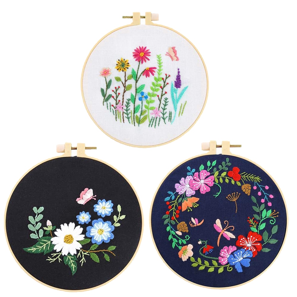 Stamped Embroidery Starter Kit with Embroidery Hoop Flowers Plants Embroidery Threads Tools Kit DIY Sewing Crafts for Starters