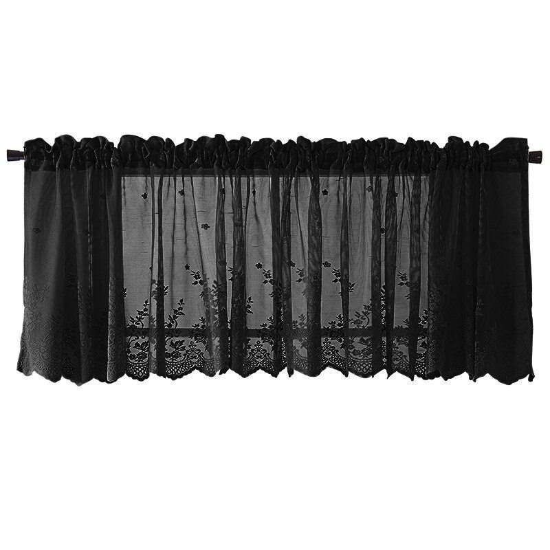 Floral Short Curtain for Kitchen Window Living Room Lace Half Coffee Curtains Window Sheer Drape Tulle Home Decoration Cortinas: Black Half-curtain / M 130x41cm