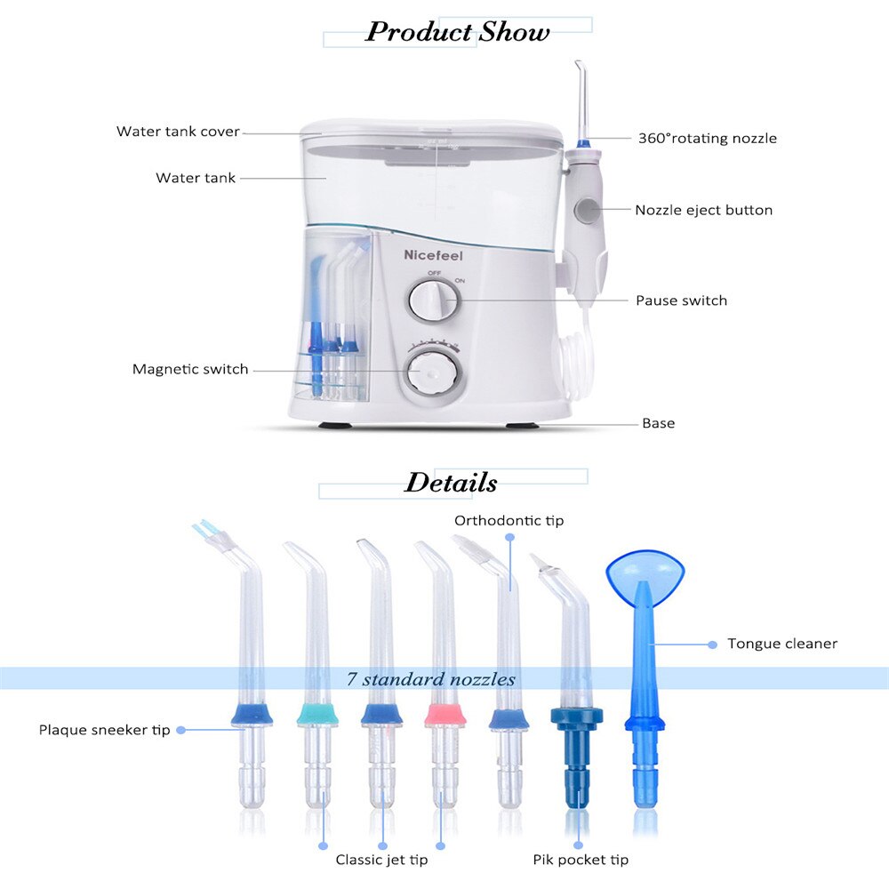 Irrigateur buccal, jet d&#39;eau, stérilisateur UV, soins dentaires, Support Normal/Massage, pression réglable en continu avec 7 embouts, 600ml