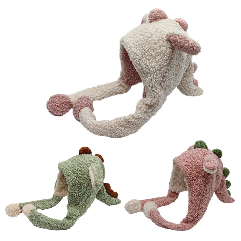 896E Kawaii Cartoon Dinosaur Movable Ears Hat Women Cute Warm Thick Warm Hoodies Neck Scarf with Windproof Winter Autumn