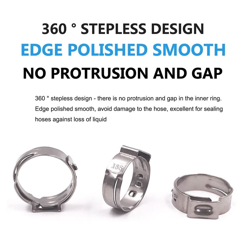 Cinch Clamp Rings, Single Ear Stepless Hose Clamps Assortment Kit, Crimp Pinch Fitting Tools,304 Stainless Steel(130Pcs)