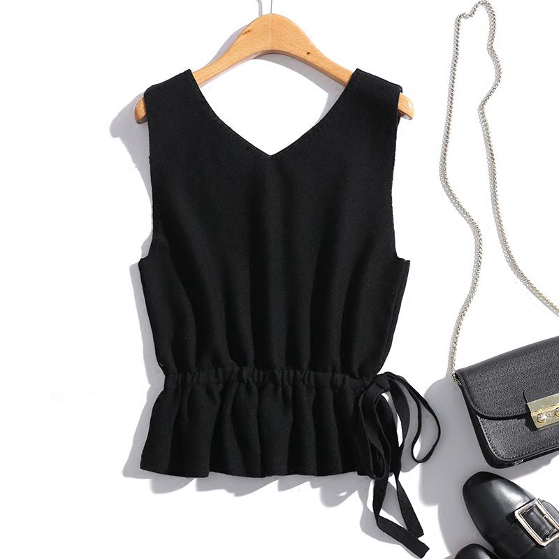 2020 mais recente estilo primavera verão outono feminino selvagem decote em v sem mangas de malha intelectual cordão camisola colete sólido