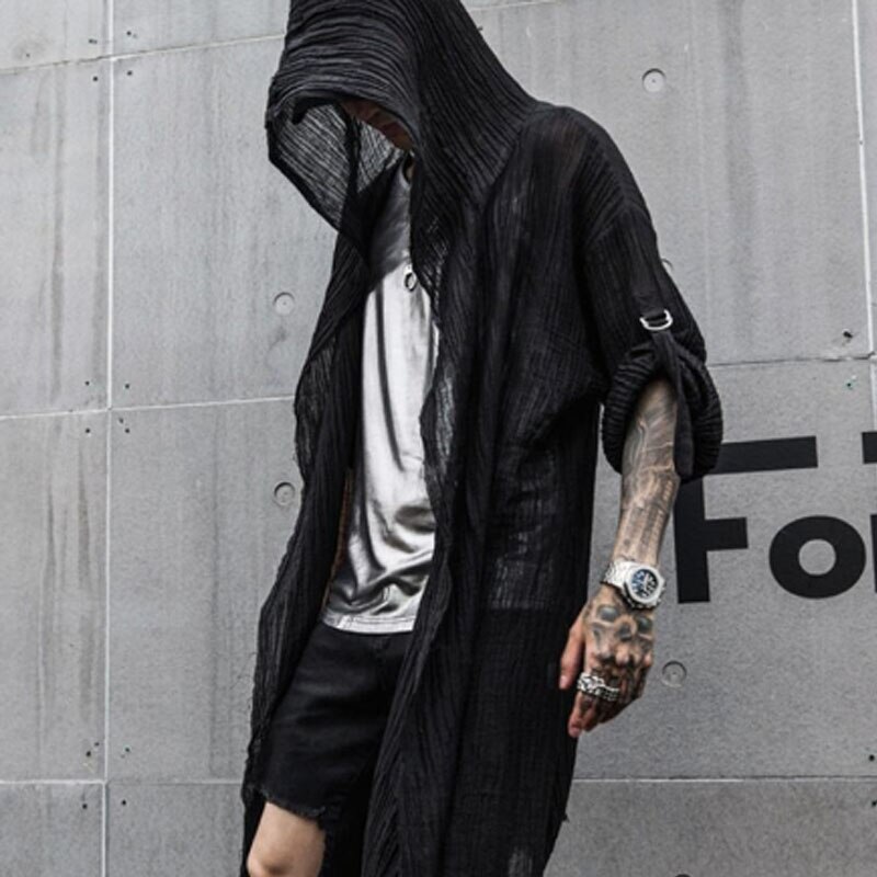 Discothèque DJ chanteur punk rock hip hop chemise longue noir à capuche manteau cardigan hommes lin surdimensionné blouse gothique vintage streetwear: XXXL